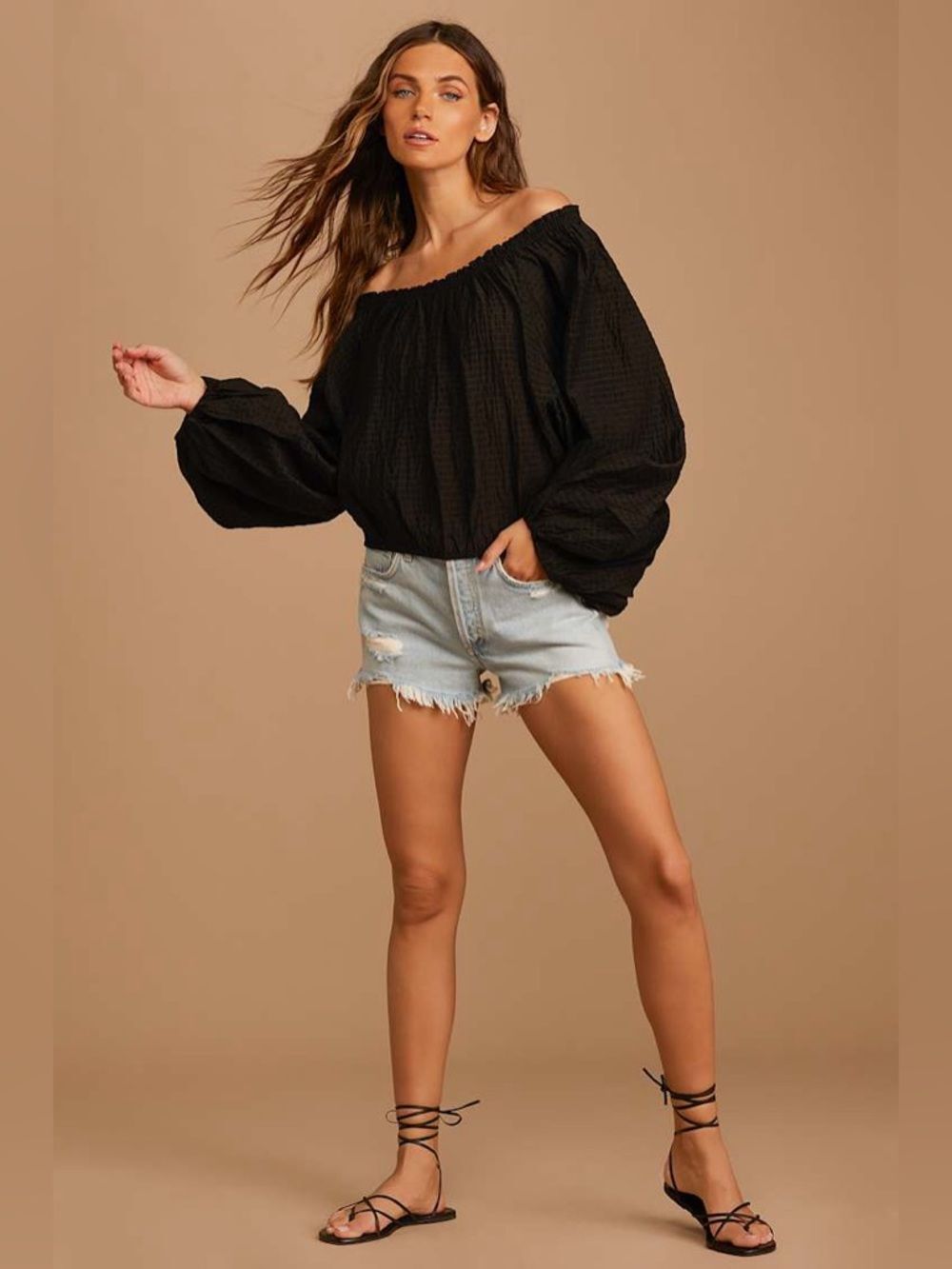 NWT Free People Alicia Top Balloon Sleeves Black XS Oversized Off the Shoulder - Picture 2 of 12